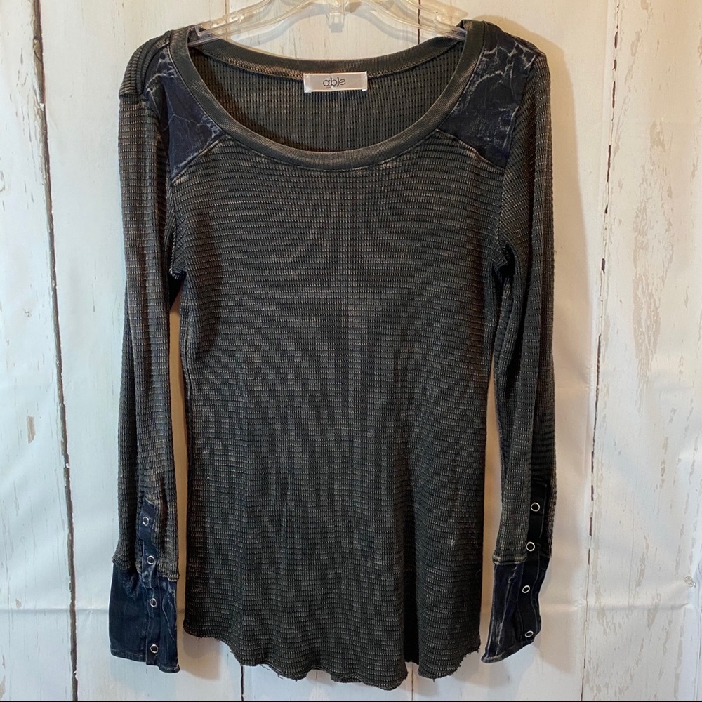 Able Black Ribbed Waffle Knit Long Sleeve Top
